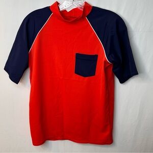 Lands’ End Short Sleeve Blue Red Rashguard Swim Shirt. Size L